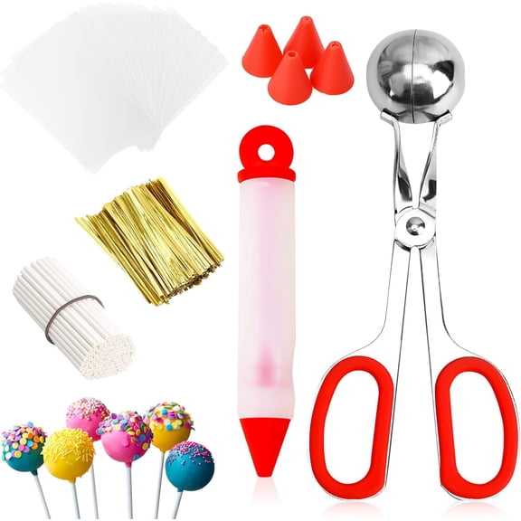Cake Pop Kit, Including 100 Cake Pop Sticks and Wrappers, 100 Twist Ties, 1 Cake Pop Scooper and Decorating Pen, Cake Pops Making Tools for Lollipop, Candies, Chocolates and Cookies,red