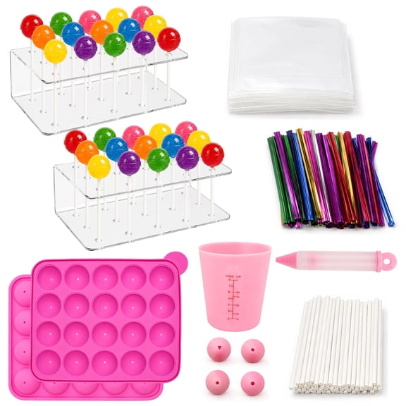 Cake Pop Maker Kit Include 2 Acrylic Cake pop Stand ,1 Silicone Cake Pop Mold, Measuring Cup, Decorating Pen with 4 Piping Tips,100Pcs Treats Bags, Paper Lollipop Sticks and Twist Ties