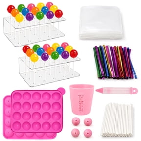 Cake Pop Maker Kit with Acrylic Cake Pop Stand , Silicone Cake Pop Mold for Oven Safe, Measuring Cup, Decorating Pen with 4 Piping Tips, 100Pcs Treats Bags
