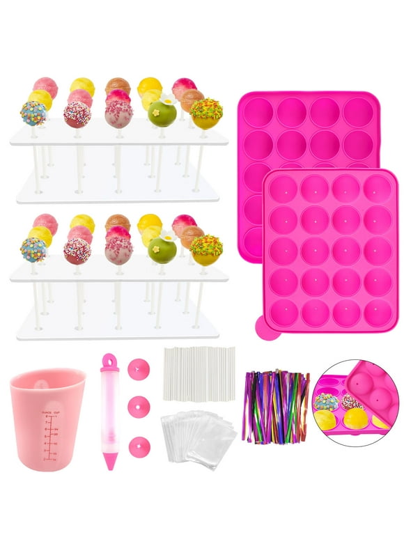 Cake Pop Maker Kit Include 2 Acrylic Cake pop Stand ,1 Silicone Cake Pop Mold, Measuring Cup, Decorating Pen with 4 Piping Tips,100Pcs Treats Bags, Paper Lollipop Sticks and Twist Ties
