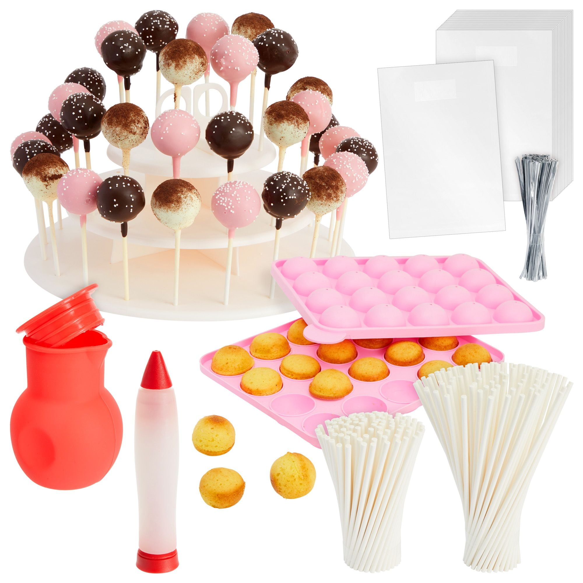 SULICRE Cake Pop Kit Including 6 100 Cake Pop Sticks and Wrappers, 100 Twist Ties, 1 Cake Pop Scooper and Decorating Pen, Cake Pops Making Tools