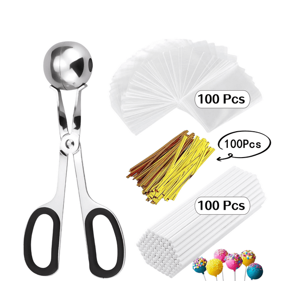 Cake Pop Making Kit with Mold, 100 Sticks, 100 Bags & 100 Ties for Homemade Lollipops, Candies, Chocolates