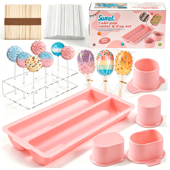 Cake Pop Mold Kit, Including Circle Cake Pop Cutter, 9 Inch DoubleTray, Cake Pop Stand, Lollipop Sticks, Clear Treat Bags and Ties for Home Desserts Baking Accessories, Pink