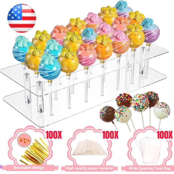 Cake Pop Stand, 21 Holes Clear Acrylic Cake Pop Kit with 300 PCS Cake Pop Sticks and Wrappers, Cake Pop Making Accessories for Weddings Birthday