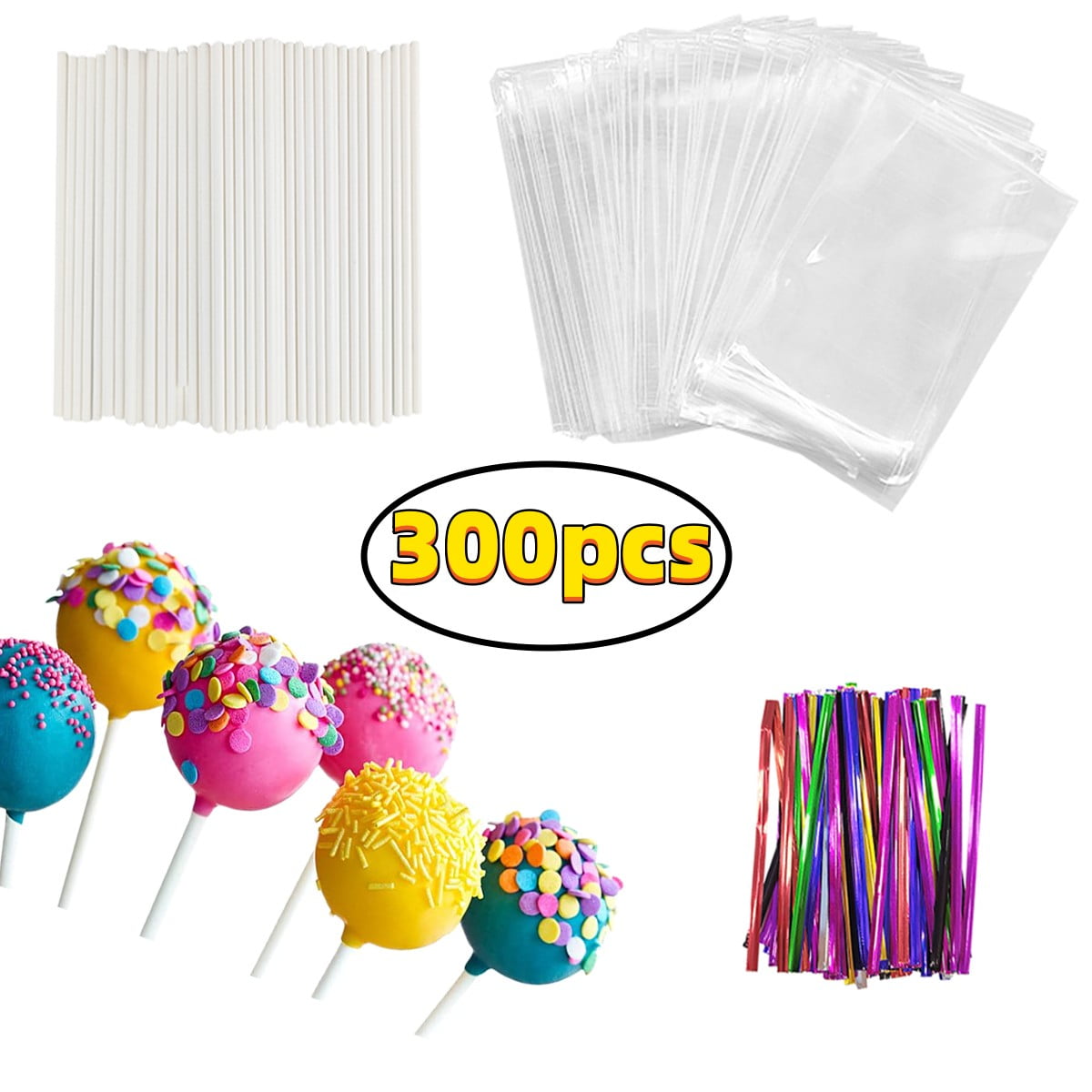 FUATOR 300 Pcs Cake Pop Sticks Set, 100pcs 6 inch Lollipop Sticks, 100pcs Cake Pop Bags, 100pcs Colorful Twist Ties, for DIY Lollipops, Cake Pops, Can