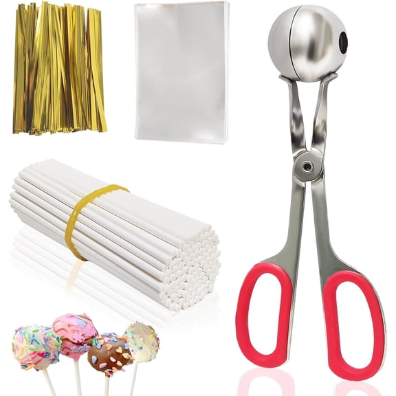 Cake Pop Sticks and Wrappers,Cake Pop Maker Set Include 100 Cake Pop Bags,Lollipop Sticks and Gold Metallic Twist Ties Meat Baller with One Handles Cake Pops Making Tools for Candies and Chocolates