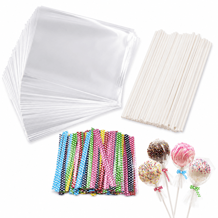 Cake Pop Sticks and Wrappers Kit, 200 Pcs Parcel Bags, 200 Pcs Treat Sticks and 200 Pcs Colorful Metallic Twist Ties for Making Lollipops, Cake Pops, Candies, Chocolates and Cookies