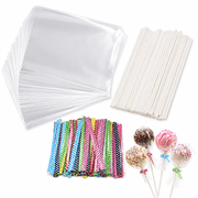 Cake Pop Sticks and Wrappers Kit, 200 Pcs Parcel Bags, 200 Pcs Treat Sticks and 200 Pcs Colorful Metallic Twist Ties for Making Lollipops, Cake Pops, Candies, Chocolates and Cookies