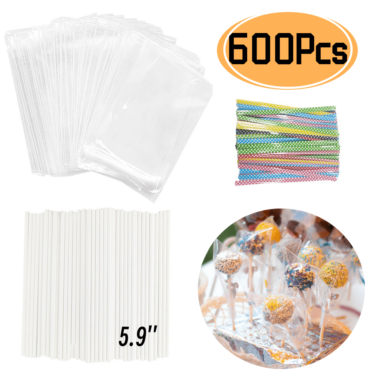 360 PCS Cake Pop Sticks and Wrappers Ties Kit, Including 120ct 6-inch Paper  Lollipop Sticks, 120ct Cake Pop Parcel Bags, 100ct Silver Twist Ties for