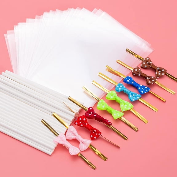 Cake Pop Sticks and Wrappers Kit, Lollipop Sticks with Cake Pop Bags and Metallic Twist Ties Bow, for Making Lollipops, Candies, Chocolates and Cookies