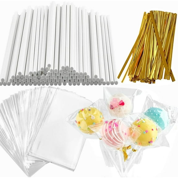 Cake Pop Sticks and Wrappers Ties Kit 300pcs for Candy/Cupcake Making Packaging Supplies