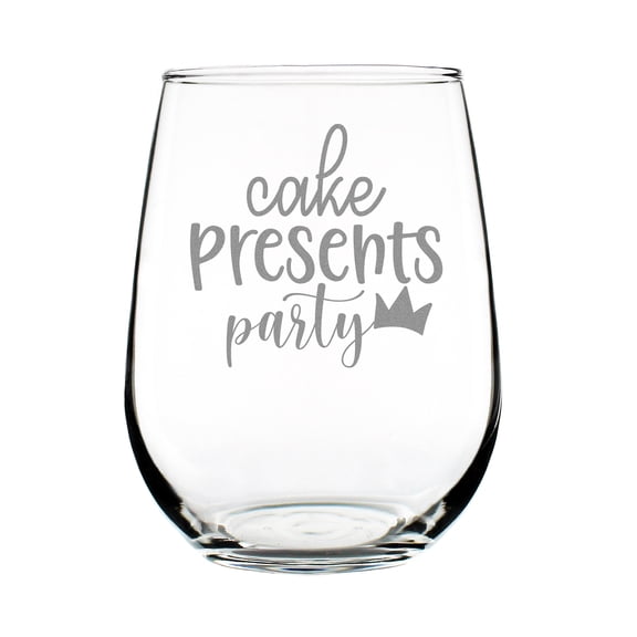 Cake Presents Party Wine Glass, Hand Engraved Stemless Etched Unique Birthday Gift, Celebration Glass Decor, Fun Gift