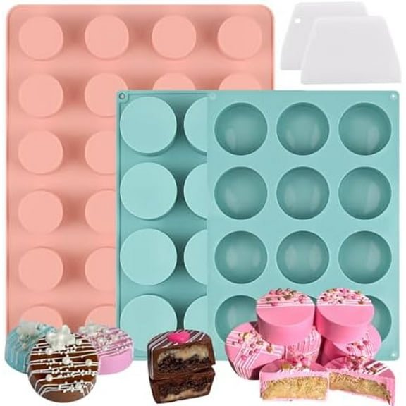Cake Puck Mold Set, Chocolate Covered Cake Silicone Molds, 24-Cavity Round Cake Pop Molds with 2 Spatulas for DIY Cake Cores, Cakepucks, Chocolate Desserts