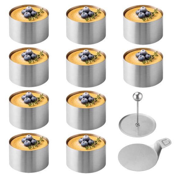 10 Pcs Round Mousse Moulds, Stainless Steel Baking Rings with Food Press and Spatula, 3.1 Inch Dessert Ring, Cake Former for Pastries, Cheesecakes, Crumpets