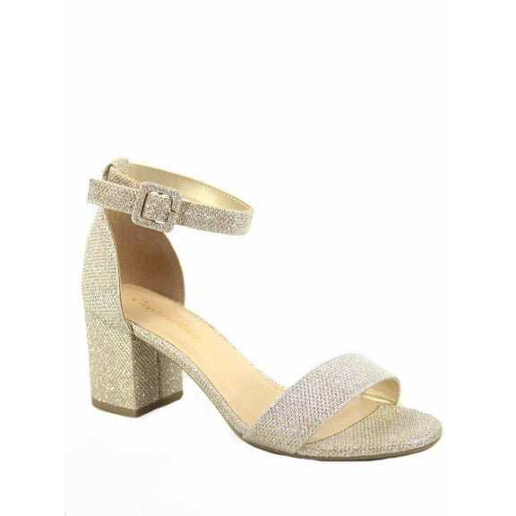 CITYCLASSIFIED Women's Open Toe Chunky Heel Ankle Strap Sandals, Gold, 10