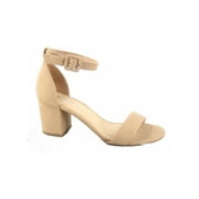 CITY CLASSIFIED Cake-S Women's Fashion Open Toe Ankle Strap Buckle Low Chunky Heels Dress Sandals Shoes ( Natural, 10 )