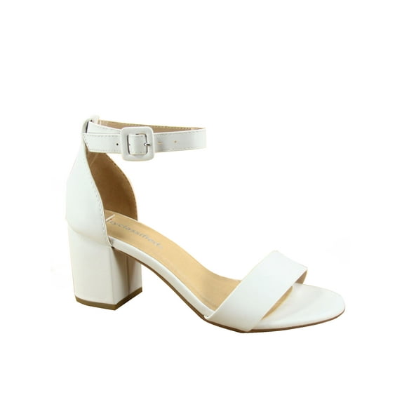 Cake-S Women's Fashion Open Toe Ankle Strap Buckle Low Chunky Heels Dress Sandals Shoes ( White, 5.5 )