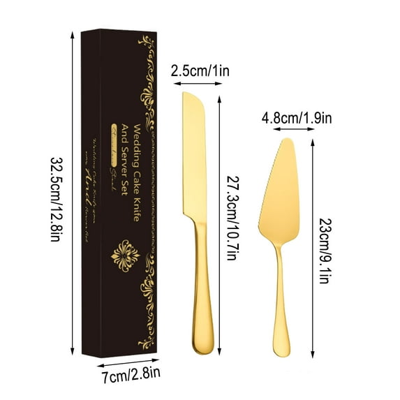 Cake Serving Set, Cake Pie Pastry Servers, Stainless steel Cake Knife and Server Set Perfect for Birthday, Wedding, Parties and Events, 2pcs (Gold)