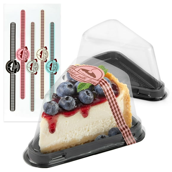 Cake Slice Containers Plastic Disposable, Cheesecake Boxes, Pie Container with Lid for Individual Slices of Cakes, Disposable Triangular Pie Box, Reusable, Complimentary Stickers (50 Pack)