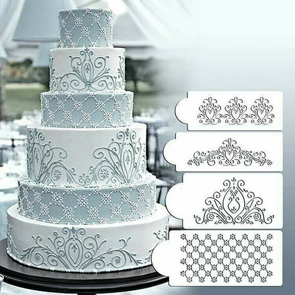 Cake Spray Stencil Set,4-Piece Hollow Lace Flower Template with Food-Grade PET Material,For Wedding Cake Decor,4PC,Gray