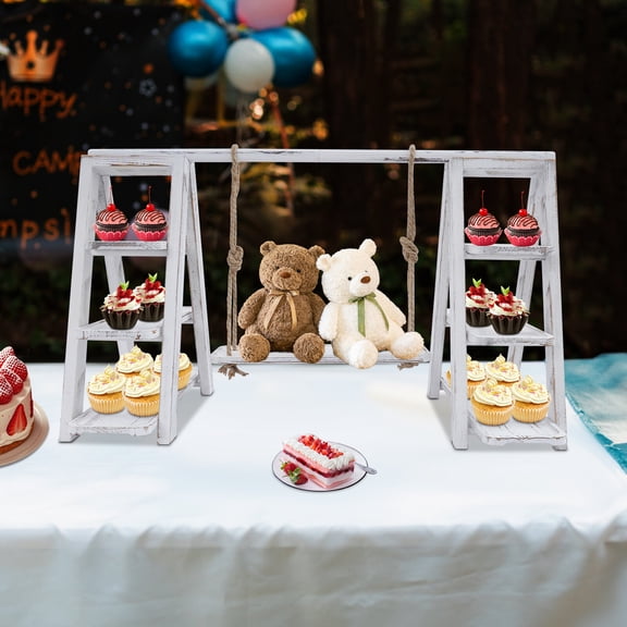 Cake Stand, 3 Tiers Dessert Stand, White Wooden Ladder Cupcake Rack, Swivel Board with Jute Rope, 3 Layers for Fruits, Cakes, Nuts, Snacks