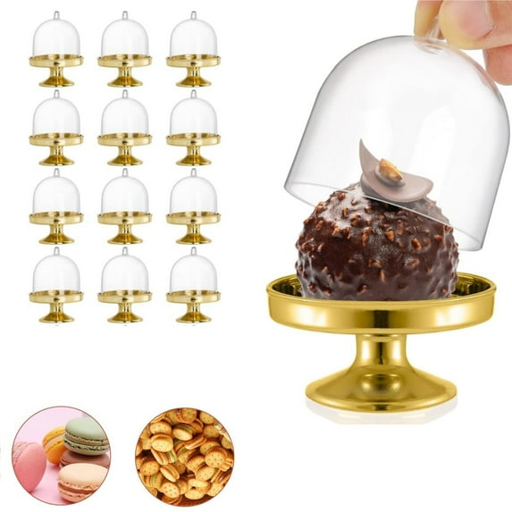 Cake Stand Candy Box,Pack of 12 Plastic Mini Cake Stand with Dome Cover,Durable Gold Dessert Display Plate for Chocolate,Candy Use