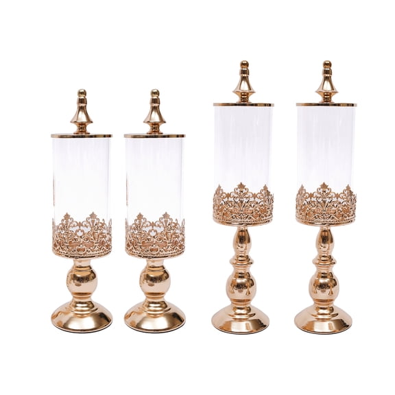 Cake Stand Candy Jars, 4-Piece Set with Gold Finish Glass Containers, Large and Small Jars with Lids for Candy Chocolate Nuts