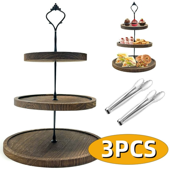 Cake Stand Cupcake Tower Food Display Risers for Party with Steel Tongs Wood Dessert Table Stand Donut Stands Cookie Trays for Wedding Baby Shower Tea Party Set 2