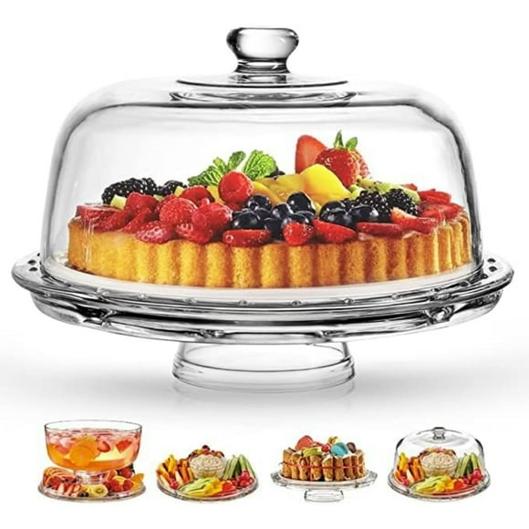 Cake Stand with Dome, 6-in-1 Multifunctional Glass Serving Platter for Cakes, Desserts, Fruits, Snacks, Pastries, Appetizers - Elegant Pedestal Display, Durable Italian-Made Glass - Made in Italy