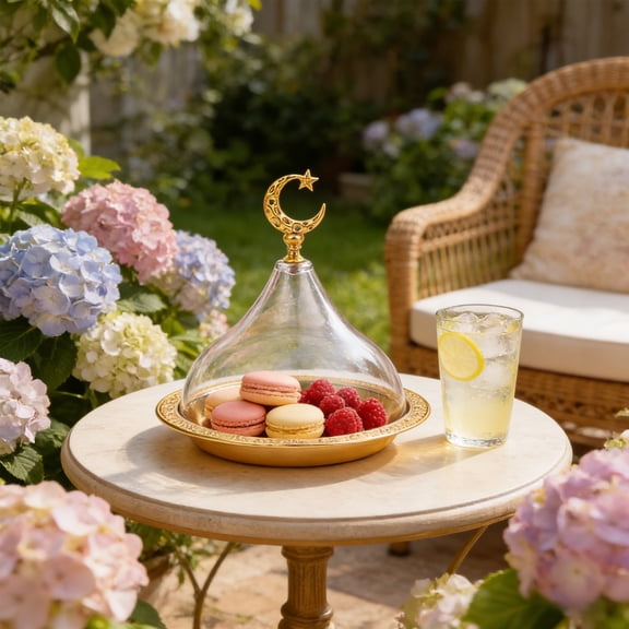 Cake Stand with Dome Lid Gold Serving Tray, Vintage Dessert Display Platter with Clear Acrylic Cover, Eid Mubarak Ramadan Party Decor, Stainless Steel Food Server for Wedding Birthday Home Dining