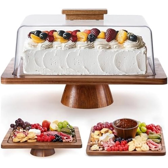 Cake Stand with Lid (16.5"), Multifunctional Cake Stand with Acrylic Dome Rectangular Acacia Wood 2-in-1 Cake Plate Display Stand with Cover for Baking Gifts, Birthday Kitchen Parties, Weddings
