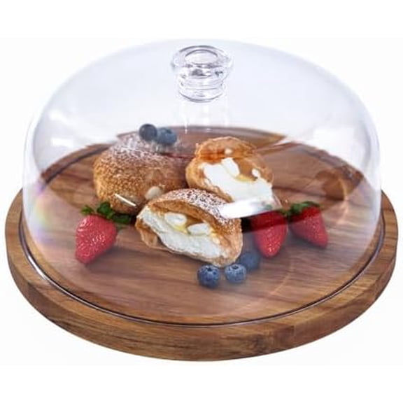 Cake Stand with Lid, Acacia Wood 12in Round Cake Holder, 2-in-1 Dessert Table Display Set & Charcuterie Board for Cheese, Chips & Dips, Nachos, Fruit Platter, Large Acrylic Cake Dome Cover