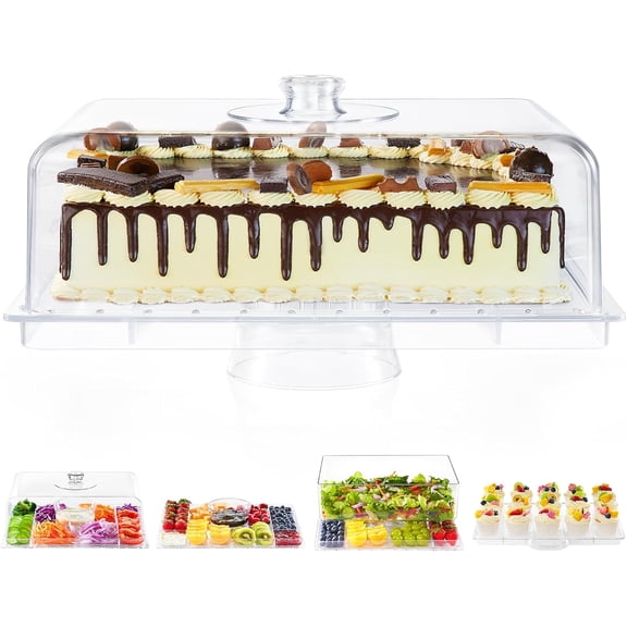 Cake Stand with Lid-Extra Large 17" Rectangular Cake Holder,8-in-1 Multi-Functional Dessert Table Display Set & Charcuterie Board,Acrylic Cake Plate Dome Cover for Weddings/Cheese/Veggie/Chips & Dip