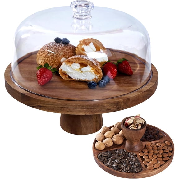 Cake Stand with Lid, Multi-Functional 12in Round Cake Holder, Acacia Wood 2-in-1 Dessert Table Display Set, Charcuterie Board for Cheese ,Fruit Platter, Large Acrylic Cake Dome Cover