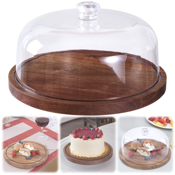 Cake Stand with Lid Wooden Cake Stand with Acrylic Dome Lid 12 Inch Rotating Dessert Display Plate Serving Tray for Kitchen Party Wedding Baking Use Glass Cake Stand with Dome