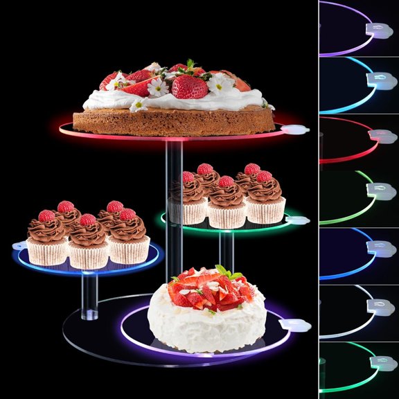Cake Stand with Rechargable Light, 4 Tier LED Cupcake Stand, Round Cake and Cupcake Stand Combo, Clear Tiered Cake Tower Stands for 50 Cupcakes, Display Stand for Wedding Birthday Party