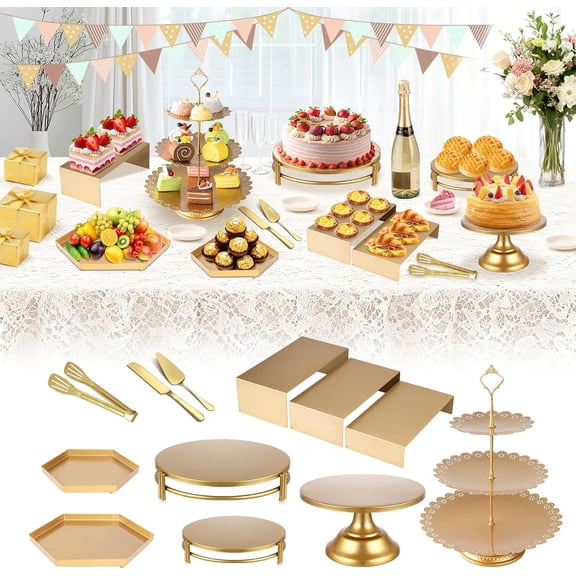 Cake Stand Set, Dessert Table Display Set with Metal Cupcake Stand and Cake Stands for Party, Wedding, Birthday, Anniversary, Baby Shower, Thanksgiving, Christmas