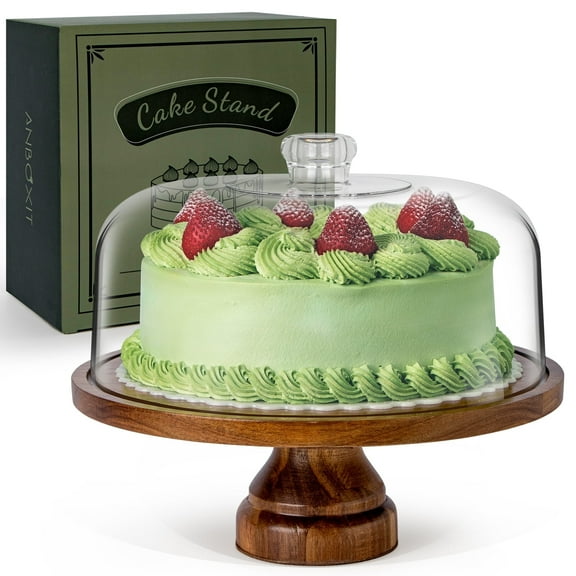 ANBOXIT Cake Stand with Dome Lid, Acacia Wood Cake Plate with Cover, Wooden Cake Display Stand with Acrylic Dome - Footed
