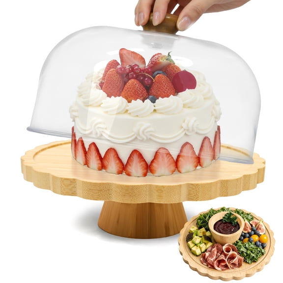 Cake Stand with Glass Dome Cover, 11 Inch Wooden Rotating Display Tray for Kitchen