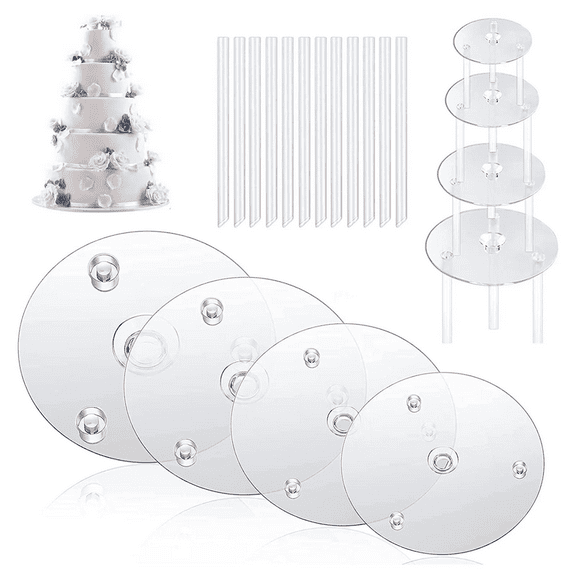 Cake Support Set 4 Inch, Transparent Stackable Cake Separator Plates with Rods, Reusable Cake Tier Stand for 4/6/8/10 Inch Cakes, 1 Set (1 Plate + 4 Rods), Clear