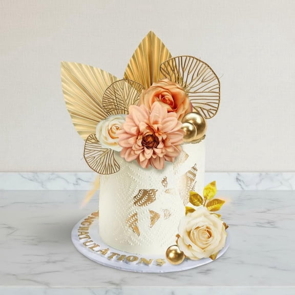 Cake Topper, Boho Flower Gold Leaves Cake Decorations for Wedding Party Supplies