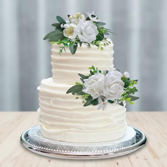 Cake Topper Set, Artificial Flowers Decor White Green Cake Topper Decorations for Wedding Ceremony Anniversary, Boho Home Decor