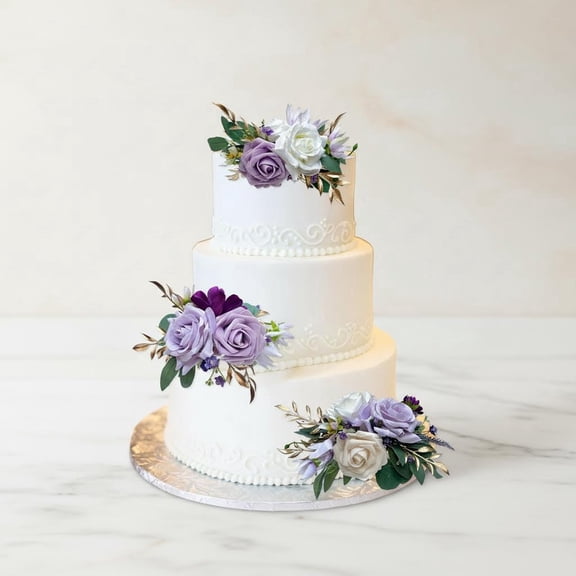 Cake Topper Set, Wedding Artificial Flowers Decor Purple Cake Topper Decorations for Wedding Ceremony Anniversary, Home Decor, Fall Vintage