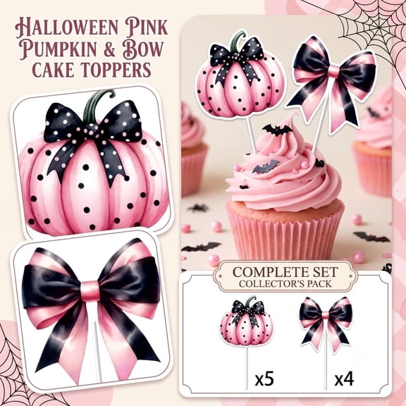 Cake Toppers Pink Polka Dot Pumpkin Bow Design Pack of 9 Halloween Theme Party Cake Decorations for Halloween Birthday Party Dessert Decorating Cute Holiday Baking Accessory for Home Bakery Use