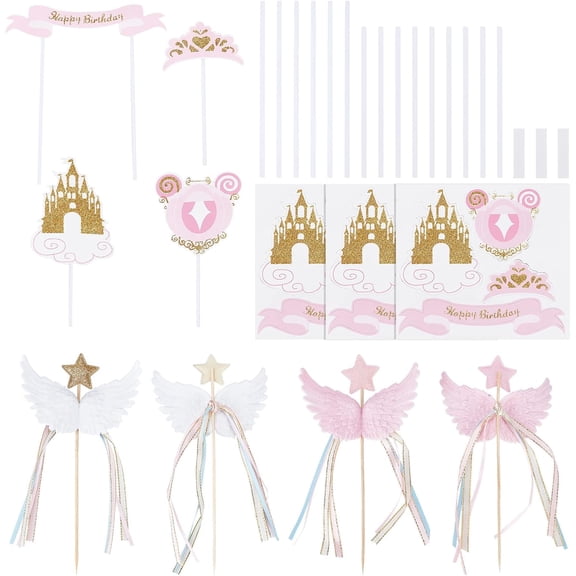 Cake Toppers Set Include 4Pcs 2 Colors Resin Wing Star Cake Topper and 12pcs Carriage Castle Paper Card for Birthday Party Baking Wedding Table Decorations for DIY