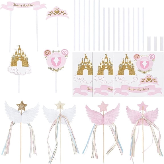 Cake Toppers Set Include 4Pcs 2 Colors Resin Wing Star Cake Topper and 12pcs Carriage Castle Paper Card Birthday Party Baking Wedding