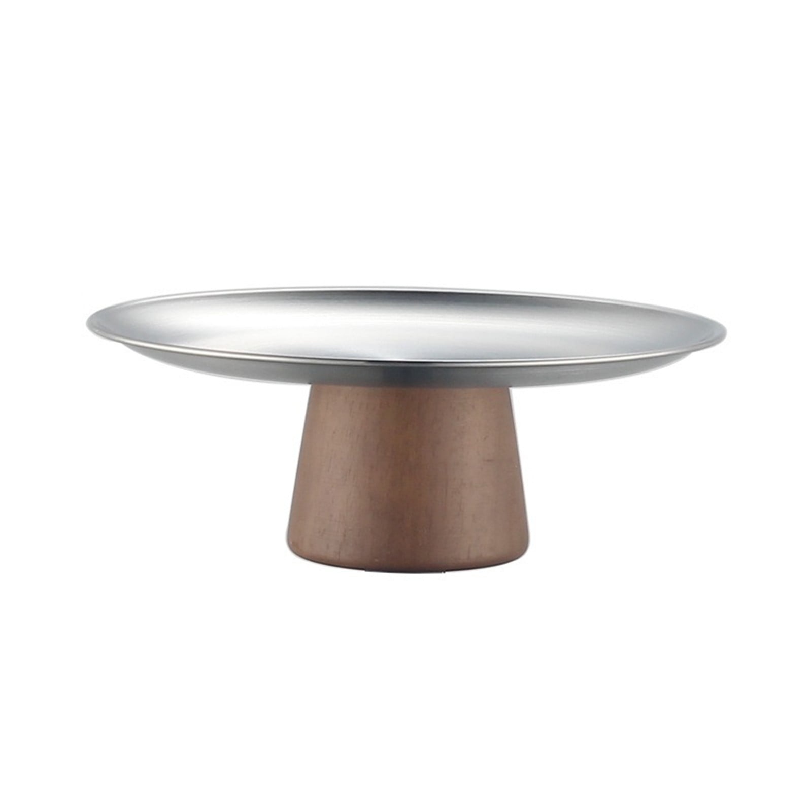 Cake Tray Fruit Display Plate Dessert Pan Wooden Base Stainless Steel