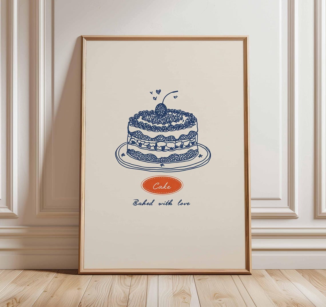 Cake Wall Art Vintage Kitchen Bakery Illustration Retro Dessert Sweet ...