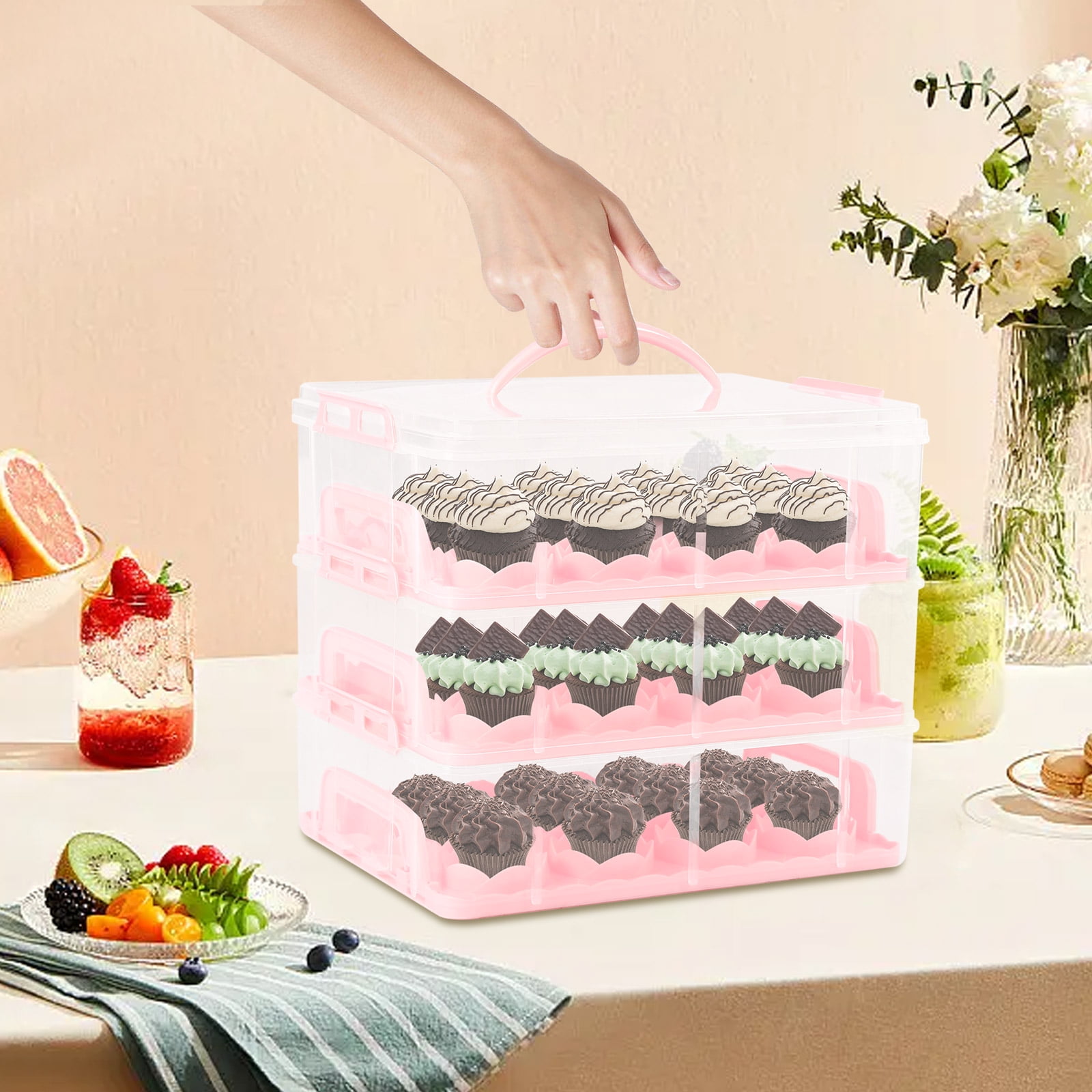 Cake and Cupcake Carrier Storage Container Box for 36 Cupcakes or 3 Cakes, Pink/White