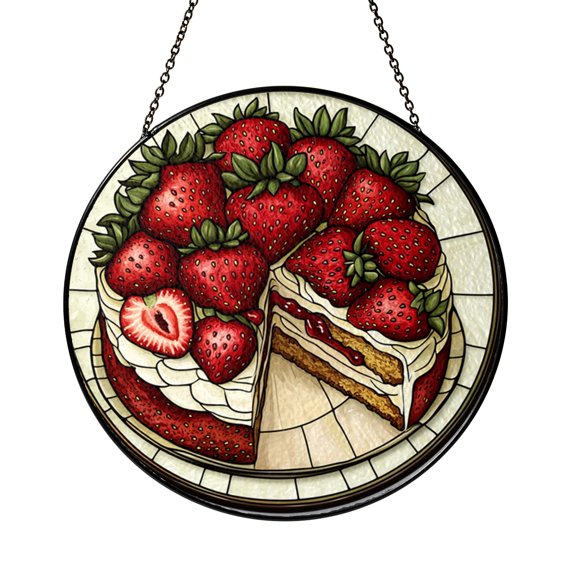 Cake and Strawberry Glass Suncatcher Window Decor, Sweet Bakery Style Design, Playful Home Decoration